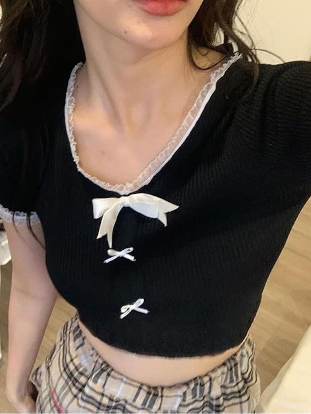 Black Ribbed Crop Top with White Lace Trim & Bows